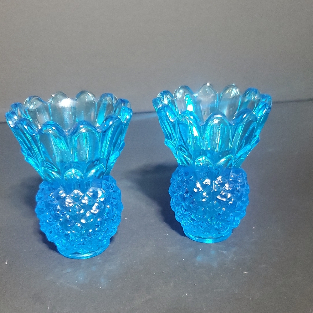 Vintage Indiana Tiara Glass Blue Pineapple Candle Holders